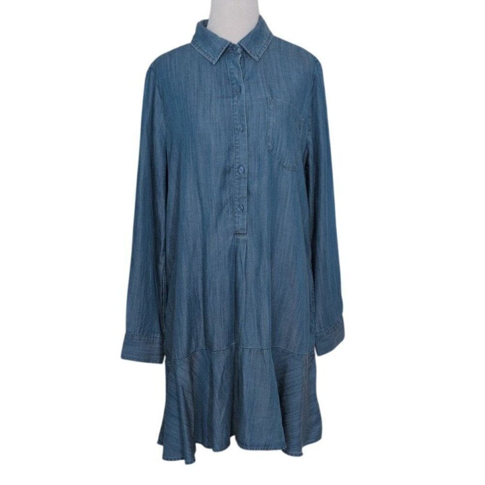 Crown & Ivy Chambray Shirt Dress Womens Size Small Blue Lyocell Ruffle Hem NEW